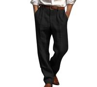Dmmtot Pantaloni lunghi da uomo in lino, eleganti, da lavoro, formali, da ufficio, estivi, a gamba dritta, comodi, vestibilità larga, leggeri, traspiranti, taglia S-3XL, Nero , 3XL