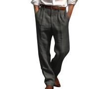 Dmmtot Pantaloni lunghi da uomo in lino, eleganti, da lavoro, formali, da ufficio, estivi, a gamba dritta, comodi, vestibilità larga, leggeri, traspiranti, taglia S-3XL, Grigio scuro, L