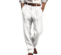 Dmmtot Pantaloni lunghi da uomo in lino, eleganti, da lavoro, formali, da ufficio, estivi, a gamba dritta, comodi, vestibilità larga, leggeri, traspiranti, taglia S-3XL, bianco, L