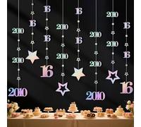 Dmnnlp Decorazioni per il 16° compleanno, striscione iridescente da appendere con numero e stelle per ragazzi di 16 anni, decorazioni di compleanno per adolescenti nati nel 2010