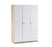 Dmora Armadio Guardaroba, 3 Ante + 3 cassetti-cm. 121 x 180 x 52, Bianco e Rovere, Small