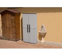 Dmora Armadio da Esterno Geel, Mobile Porta Scope Multiuso, Armadietto Outdoor 2 Ante, 100% Made in Italy, Finitura Righe, 68x37h163 cm, Grigio e Nero