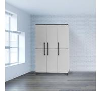 Dmora Armadio da Esterno Nandrin, Mobile Porta Scope, Armadietto da Esterno 3 Ante, 100% Made in Italy, 102x37h169 cm, Grigio Chiaro e Nero, Finitura Righe