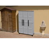 Dmora - Armadio da Esterno Nandrin, Mobile Porta Scope, Armadietto da Esterno 3 Ante, 100% Made in Italy, 102x37h169 cm, Grigio Chiaro e Nero, Finitura Quadri