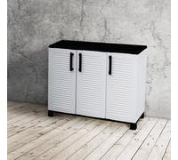 Dmora - Armadio da esterno Pelt, Armadio balcone multiuso, Mobile outdoor 3 ante, 100% Made in Italy, 102x37h90 cm, Grigio chiaro e Nero, Finitura righe