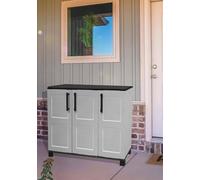 Dmora - Armadio da esterno Pelt, Armadio balcone multiuso, Mobile outdoor 3 ante, 100% Made in Italy, 102x37h90 cm, Grigio chiaro e Nero, Finitura quadri