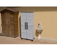 Dmora Armadio da Esterno Veurne, Armadio Porta Scope, Mobile Outdoor 2 Ante, 100% Made in Italy, 68x37h169 cm, Grigio Chiaro e Nero, Finitura Quadri
