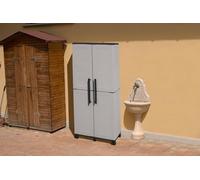 Dmora Esterno Veurne, Armadio Porta Scope, Mobile Outdoor 2 Ante, 100% Made in Italy, 68x37h169 cm, Grigio Chiaro e Nero, Finitura Righe, Polipropilene, Carlotta, 14 unità