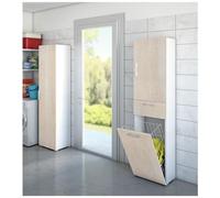 DMORA - Armadio Da Lavanderia A 1 Anta, 100% Made In Italy, Mobile Con 1 Cestello Porta Biancheria E 1 Cassetto, Colonna Moderna Da Bagno, Cm 45x32h19