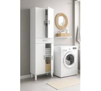 Dmora - Armadio multiuso Oxnard, Mobile per bagno o lavanderia a 4 ante e 1 cassetto, Armadio multiuso portascarpe, 60x29h182 cm, Bianco lucido