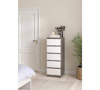 Dmora - Cassettiera Joelle, Settimino multiuso, Comò camera da letto, Mobile con cassetti, 50x40 h111 cm, Cemento e Bianco lucido