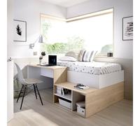 Dmora Composizione Camera da Letto Cervino, Lettino Singolo per cameretta, Set con scrivania e scaffali, 195x134h73 cm, Bianco e Rovere