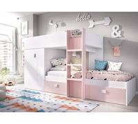 Dmora - Letto per bambini Cevedale, Cameretta completa con armadio e cassetti, Composizione letto a castello con due lettini singoli, 271x111h150 cm, Bianco e Rosa