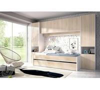 Dmora - Letto per bambini Venturosa, Cameretta completa con armadio a ponte e cassettone, Composizione con letto e lettino singolo estraibile, 303x97h203 cm, Rovere e Bianco