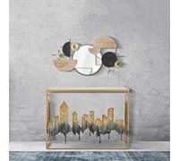 Dmora Consolle Donedale 110x39x81h cm oro un Ripiano Piano con Profilo di Città, Materiale Struttura in Vetro