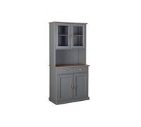 Dmora Credenza a 2 Ante Chiuse 2 vetrine e 2 cassetti, in Pino massello Verniciato Grigio con Top e Finiture Color Marrone, 90x45x191 cm