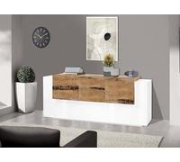 Dmora - Credenza Cesare, Madia da cucina a 5 ante e 2 cassetti, Buffet da soggiorno, Madia da cucina, 100% Made in Italy, cm 220x45h86, Bianco lucido e Acero