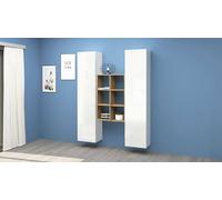 Dmora - Credenza Franco, Set da Soggiorno a 2 Ante e Ripiani, Buffet da Soggiorno, Madia da Cucina, 100% Made in Italy, cm 140x30h180, Bianco Lucido e Acero