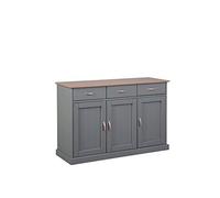 Dmora Buffet a 3 ante e 3 cassetti, in pino massello verniciato grigio con top e finiture color marrone, 131x45x86 cm