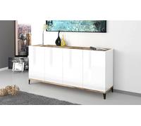 Dmora - Credenza Liam, Madia da Cucina a 4 Ante, Buffet da Soggiorno, 100% Made in Italy, cm 160x40h82, Bianco Lucido e Acero