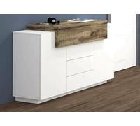 Dmora - Credenza Milo, Madia da cucina a 3 ante e 3 cassetti, Buffet da soggiorno, 100% Made in Italy, cm 160x45h86, Bianco lucido e Acero