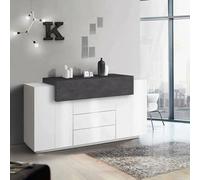 Dmora - Credenza Milo, Madia da cucina a 3 ante e 3 cassetti, Buffet da soggiorno, 100% Made in Italy, cm 160x45h86, Bianco lucido e Ardesia