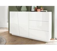 Dmora Credenza moderna a 2 ante e 3 cassetti, Made in Italy, Madia da cucina, Buffet di design da soggiorno, cm 141x43h86, colore Bianco lucido