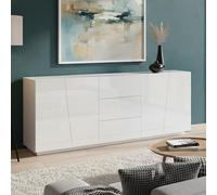 Dmora Credenza moderna a 4 ante e 3 cassetti, Made in Italy, Madia da cucina, Buffet di design da soggiorno, cm 220x43h86, colore Bianco lucido