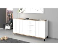 Dmora Credenza Paolo, Madia da Cucina 3 Ante e 3 cassetti, Buffet da Soggiorno, 100% Made in Italy, cm 160x40h82, Bianco Lucido e Acero