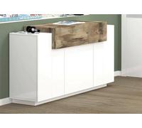 Dmora - Credenza Renzo, Madia da cucina a 4 ante, Buffet da soggiorno, 100% Made in Italy, cm 140x45h86, Bianco lucido e Acero