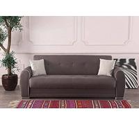 DMORA - Divano letto 3 posti Alejandro, Divano contenitore con 2 cuscini, Sofà in tessuto imbottito con apertura click-clack, 224x85h87 cm, Grigio Chiaro