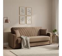 Talamo Italia Dmora - Divano Letto 3 posti Jorge, Divano Contenitore lineare con 2 Cuscini, Sofà da Soggiorno in Tessuto con Apertura Click-clack, 214x81xh89 cm, Beige