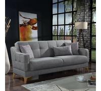 DMORA - Divano letto 3 posti Juan, Divano contenitore lineare con 3 cuscini, Sofà da soggiorno in tessuto apertura click-clack, 207x82xh92 cm, Grigio