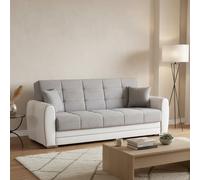 Dmora - Divano Letto 3 posti Luis, Divano Contenitore in Ecopelle e Tessuto, Sofà da Soggiorno con Apertura Click-clack, 220x84h91 cm, Bianco e Grigio