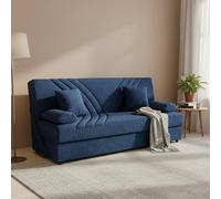 Dmora - Divano letto 3 posti Ramon, Divano contenitore 2 cuscini inclusi, Sofà da soggiorno in tessuto con apertura click-clack, 181x81h88 cm, Blu