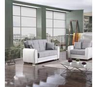 DMORA - Divano letto con penisola Pablito, Divano contenitore reversibile in ecopelle e tessuto, Sofà apertura click-clack, 163x84h91 cm, Bianco e Grigio