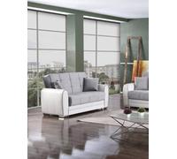 Dmora - Divano letto con penisola Pablito, Divano contenitore reversibile in ecopelle e tessuto, Sofà apertura click-clack, 163x84h91 cm, Bianco e Grigio