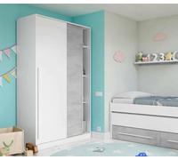 Dmora - Guardaroba Downey, Armadio per camera da letto a 2 ante scorrevoli, Mobile con barra appendiabiti e 3 ripiani, cm 120x50h200, Cemento e Bianco