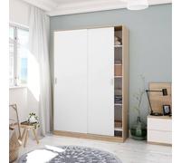 Dmora - Guardaroba 2 ante Waterbury, Armadio per camera da letto, Mobile con 4 ripiani e barra appendiabiti, 120x50h200 cm, Rovere e Bianco