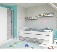 Dmora Struttura Secondo Letto Estraibile con Cassettone e Una Mensola Coordinata a Muro, 199 x 65 x 95 cm, Effetto Cemente e Bianco