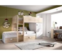Dmora - Letto per bambini Marmolada, Cameretta completa con armadio e cassetti, Composizione letto a castello con due lettini singoli, 255x112h150 cm, Bianco e Rovere