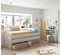 Dmora - Letto per Bambini Spokane, Struttura Letto per cameretta, Letto Singolo con Lettino Estraibile e 4 cassettoni, 198x96h69 cm, Bianco e Marrone