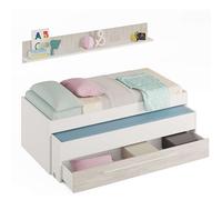 Dmora - Letto per bambini Sunnyvale, Struttura letto per cameretta, Letto singolo con lettino estraibile, cassettone e mensola, 199x96h65 cm, Bianco