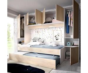Dmora - Letto per bambini Venturosa, Cameretta completa con armadio a ponte e cassettone, Composizione con letto e lettino singolo estraibile, 303x97h203 cm, Rovere e Bianco