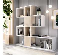 Dmora - Libreria Moneglia, Scaffale da ufficio multiuso, Mobile biblioteca portalibri a 4 ripiani, 145x29h145 cm, Bianco e Rovere