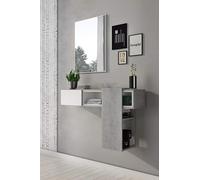 Dmora Mobile da ingresso con specchio, entratina per atrio con cassetto, Svuotatasche per piccoli appartamenti, cm 100x27h155, colore Cemento e Bianco