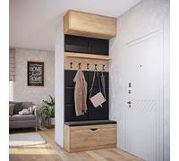 Dmora Mobile da ingresso con scarpiera e seduta imbottita, Entratina con panca, pensile e appendiabiti con mensola, Cm 100x35h263, Colore Rovere