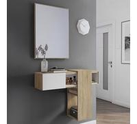 Dmora Mobile da ingresso con specchio, entratina per atrio con cassetto e ripiani, Svuotatasche per piccoli appartamenti, cm 100x27h75, colore Bianco e Rovere