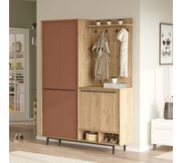 Dmora Mobile da Ingresso Komele 147x36x196h cm Marrone Terracotta Appendiabiti 12 Ripiani, Apertura Battente