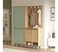 Dmora Mobile da Ingresso Komele 147x36x196h cm Verde Salvia Appendiabiti 12 Ripiani, Apertura Battente